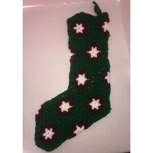 Vintage Crochet Granny Square Christmas Stocking 25" Green Burgundy White